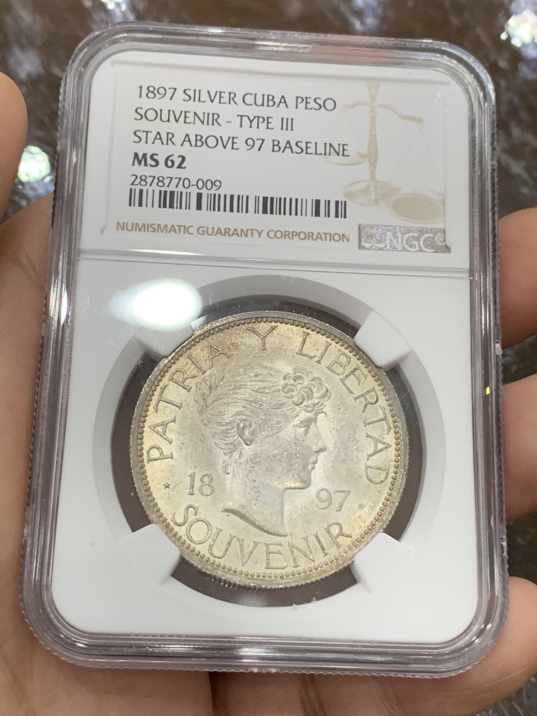 《竞宝斋》第106场-周日，周一 2场连拍（全场包邮） NGC MS62 古巴1897年少女头像1比索银币 原光少见TYPE3版本