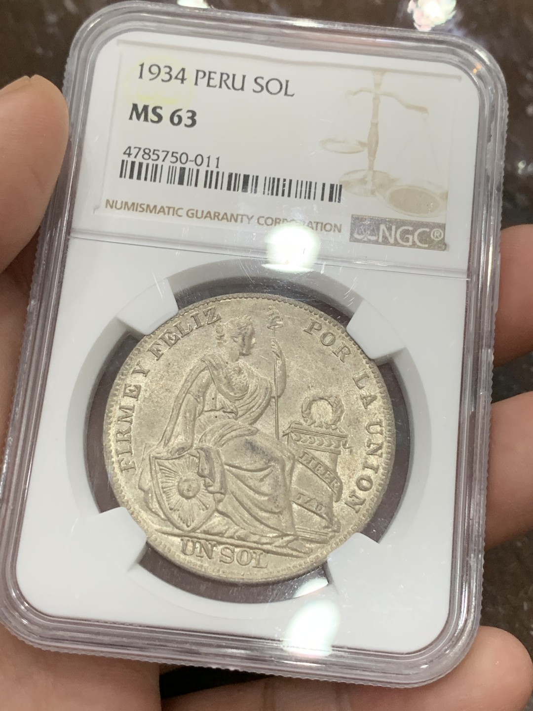 《竞宝斋》第106场-周日，周一 2场连拍（全场包邮） NGC-MS63 秘鲁1934年 1索尔大银币 原光好品 较少见的品种