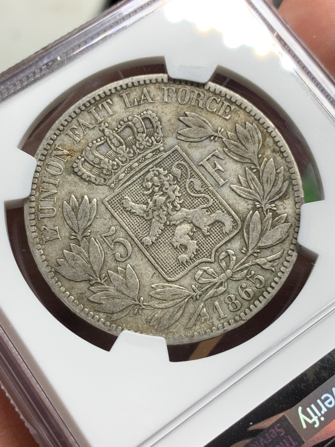 《竞宝斋》第106场-周日，周一 2场连拍（全场包邮） NGC-AU50 比利时1865 利奥波德一世 5法郎大银币 这年份比较少