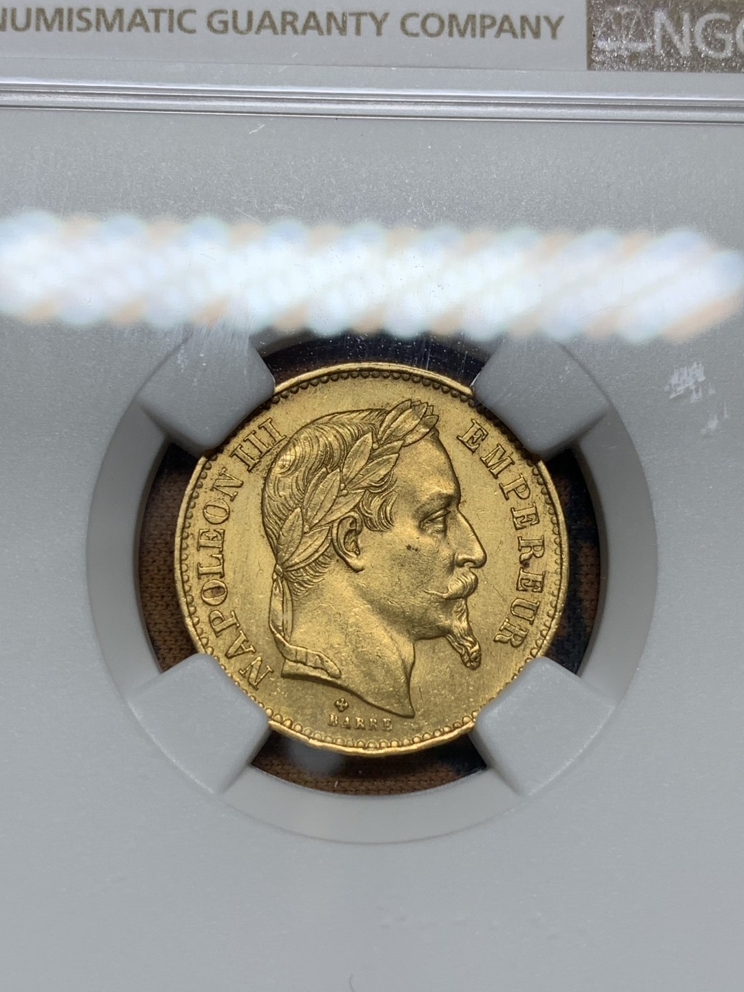 《竞宝斋》第106场-周日，周一 2场连拍（全场包邮） NGC-MS62 1869BB法国拿三桂冠版20法郎金币，细节清晰，好品难得