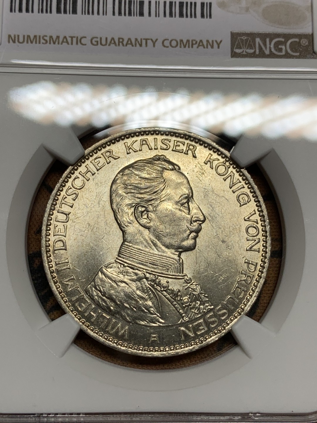 《竞宝斋》第106场-周日，周一 2场连拍（全场包邮） NGC-MS62 德国1914年 普鲁士军装 3马克银币 原光好品