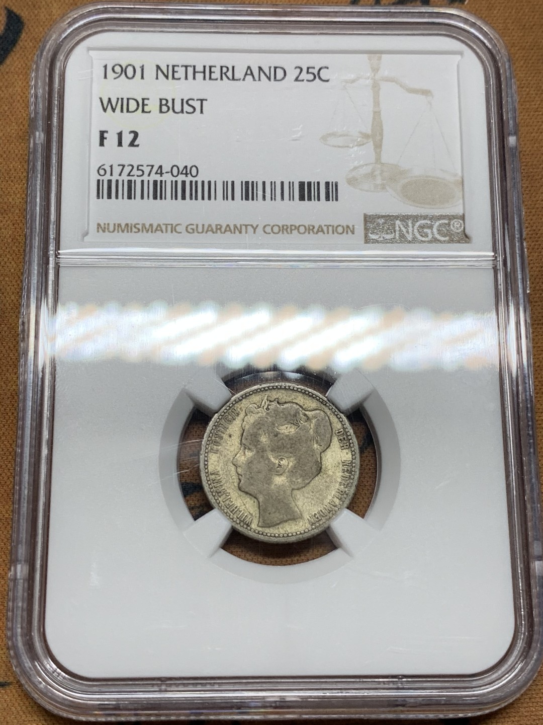 《竞宝斋》第106场-周日，周一 2场连拍（全场包邮） NGC F12  荷兰 1901年  25分银币  极少见小萝莉辅币