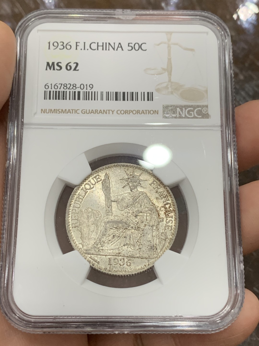 《竞宝斋》第106场-周日，周一 2场连拍（全场包邮） NGC MS62 法属印支1936年坐洋50分银币 原光品相