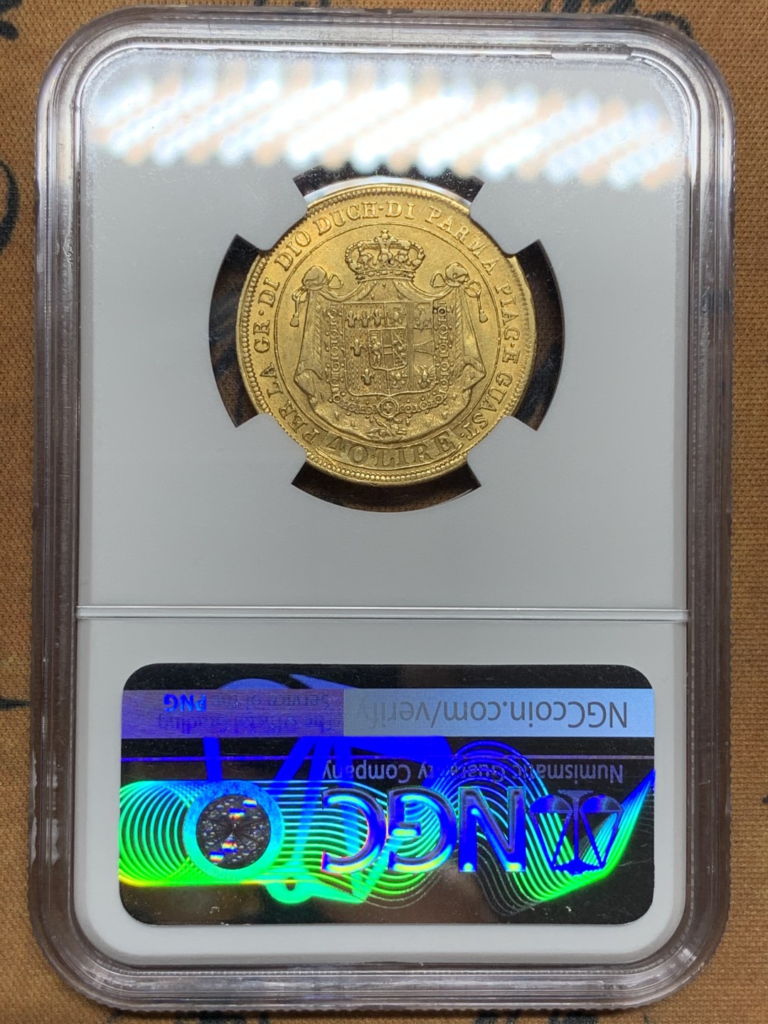 《竞宝斋》第106场-周日，周一 2场连拍（全场包邮） NGC-AU58 1815年意大利帕尔马40里拉金币 12.9克 拿皇的第二任妻子头像的金币，克书价极高，HA上MS的2万多不含佣金，AU58性价比高