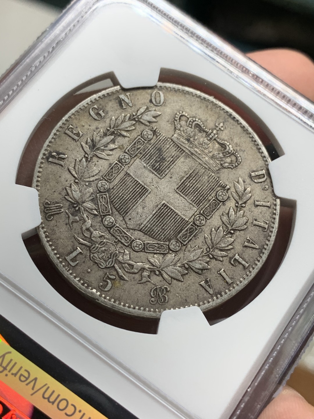 《竞宝斋》第106场-周日，周一 2场连拍（全场包邮） NGC-AU50 意大利1873年 艾曼纽尔二世 5里拉大银币 原味好品