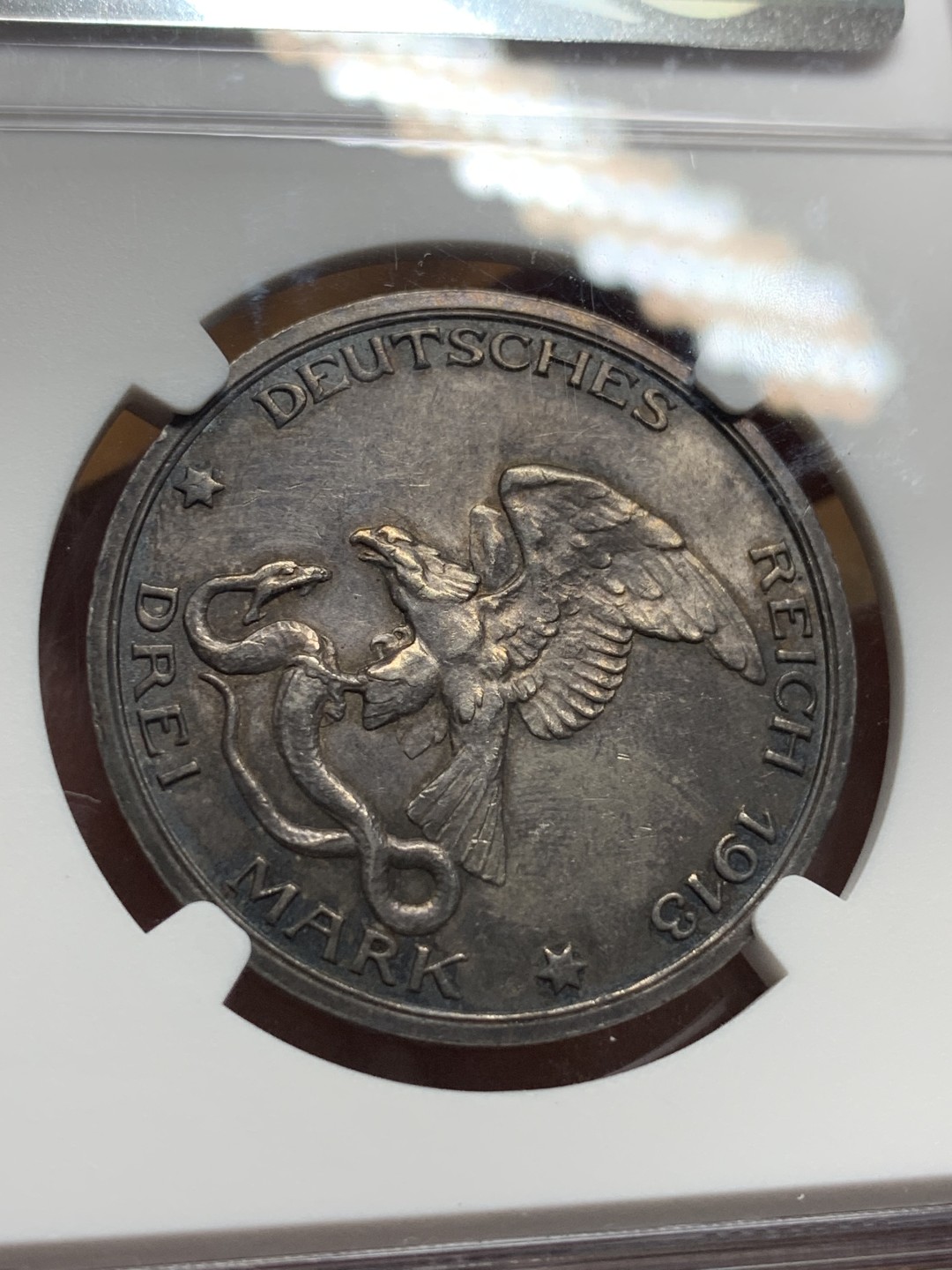 《竞宝斋》第106场-周日，周一 2场连拍（全场包邮） NGC-MS62 德意志第二帝国 1913年 普鲁士3马克 战胜拿破仑纪念银币 重彩包浆 浮雕层次分明 底板好