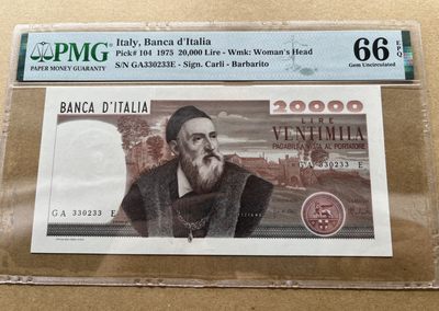 【Blue Auction】✨世界纸币精拍第236期【精】 - 【330233无47】意大利 1975年20000里拉 经典提香 PMG66EPQ 