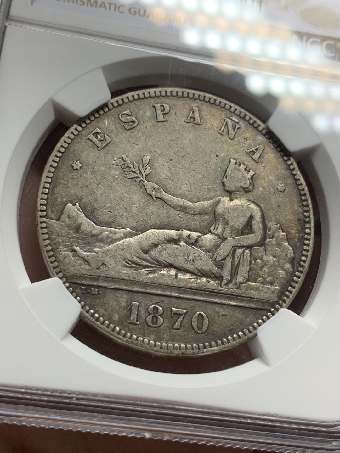 《竞宝斋》第106场-周日，周一 2场连拍（全场包邮） NGC VF 西班牙 1870年 拿花 5比塞塔 银币 包浆好，细节也好，这评级太随性