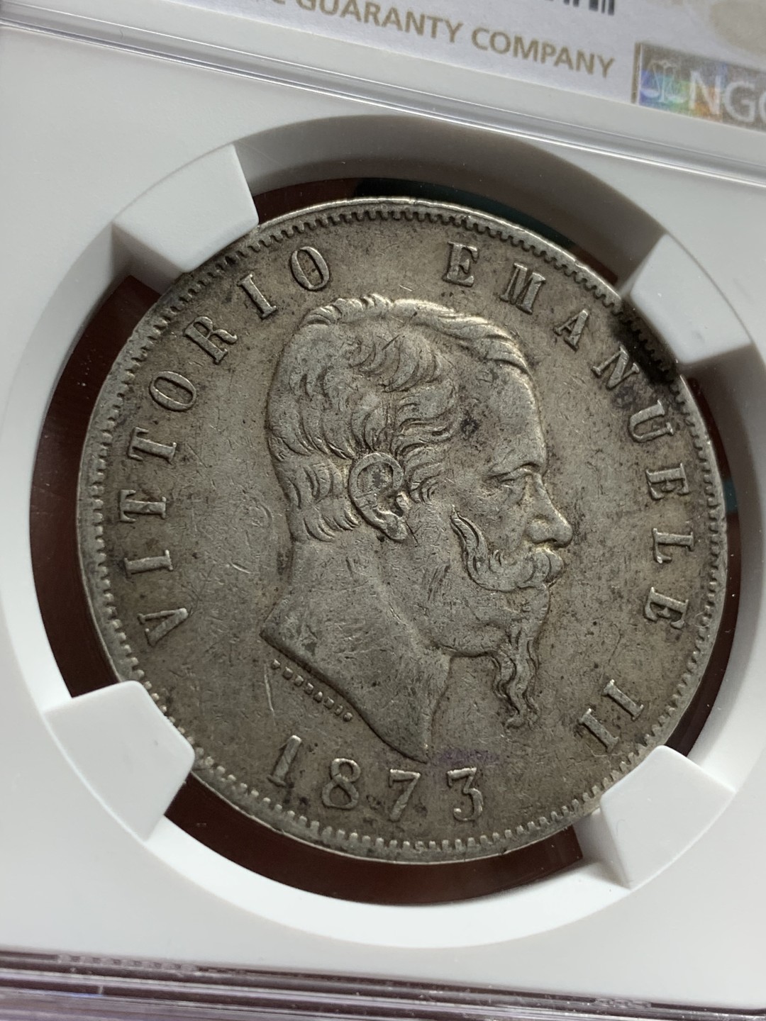 《竞宝斋》第106场-周日，周一 2场连拍（全场包邮） NGC-AU50 意大利1873年 艾曼纽尔二世 5里拉大银币 原味好品