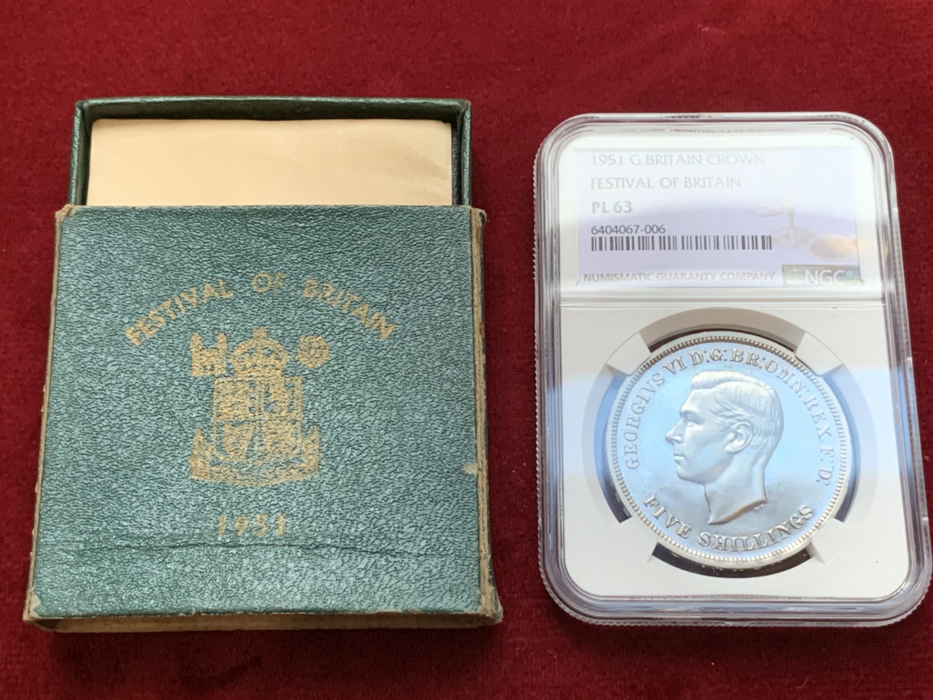 《竞宝斋》第106场-周日，周一 2场连拍（全场包邮） NGC-PL63 英国1951年镍马剑克朗，英国唯一的镍制马剑克朗，带原盒证书一起，很有纪念意义