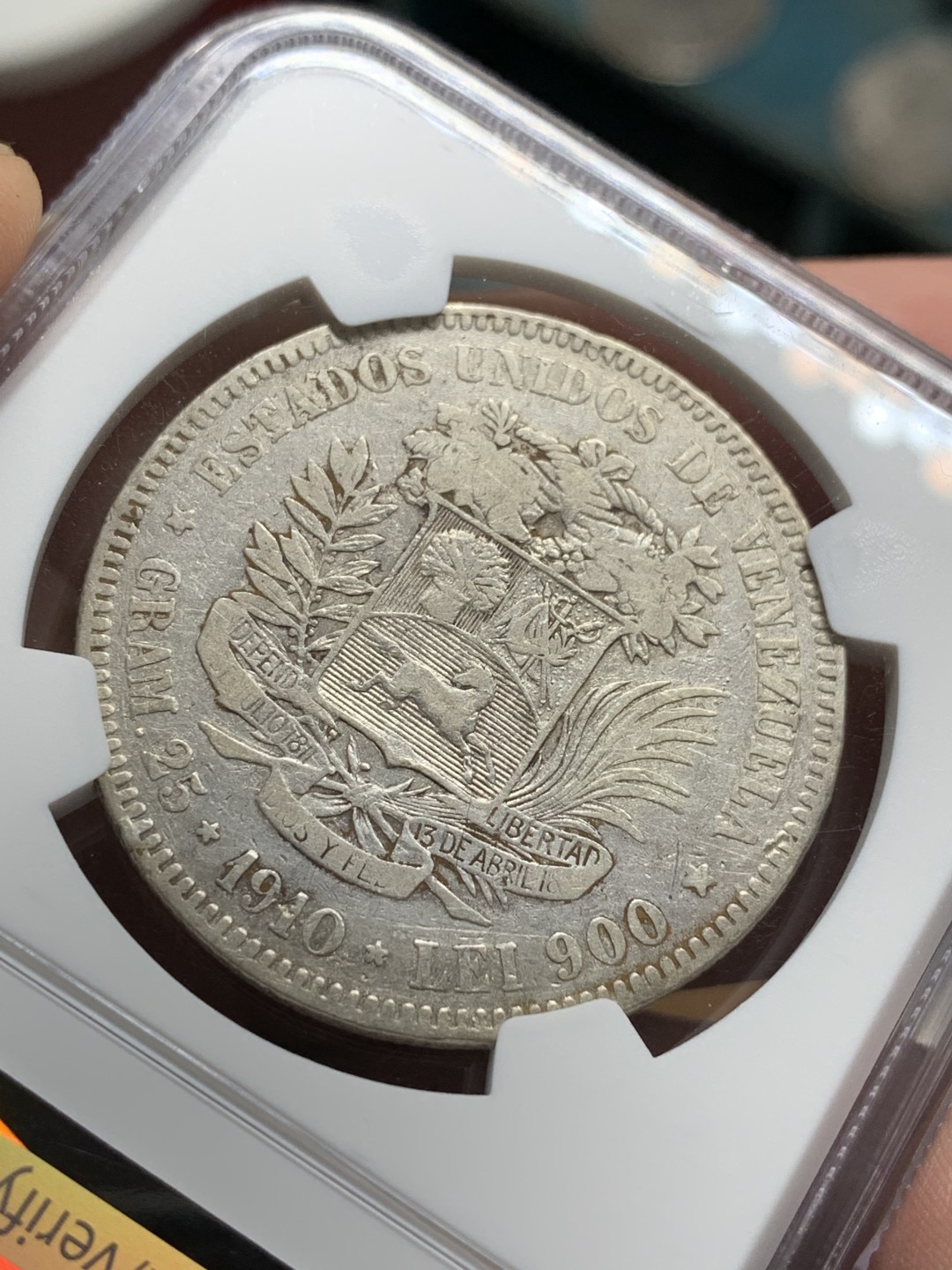 《竞宝斋》第106场-周日，周一 2场连拍（全场包邮） NGC-VFD 委内瑞拉 1910年 5玻利瓦尔银币 早期年份