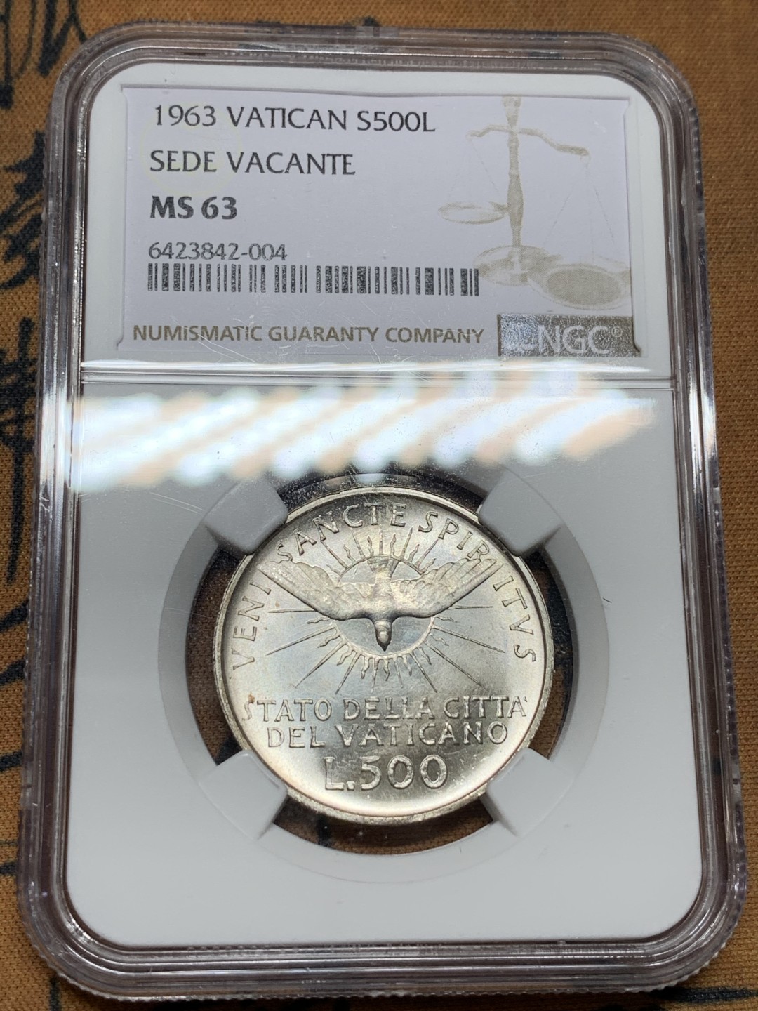 《竞宝斋》第106场-周日，周一 2场连拍（全场包邮） NGC MS63 梵蒂冈1963年教皇缺位500里拉银币