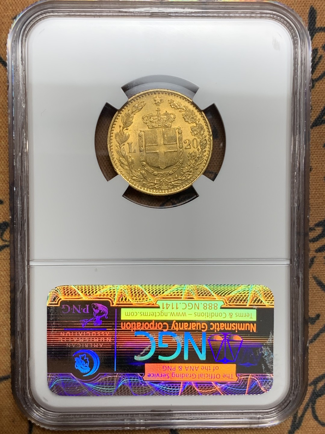 《竞宝斋》第106场-周日，周一 2场连拍（全场包邮） NGC MS63 意大利 1881年 翁贝托一世 20里拉金币 6.45克 状态好