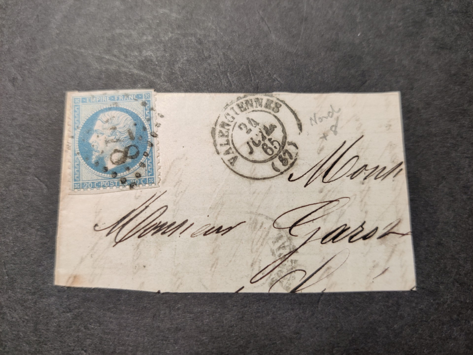 洪涛臻品 精选邮票限时拍卖第五十五期 1862年法国拿破仑三世20分邮票(2008年新票定价190美元)实寄封剪片,1865年6月24日寄于瓦朗谢讷(VALENCIENNES)。少见的极早古典邮品！多年收藏，每件都是唯一, 本期一次性上完, 唯一机会！清代大龙邮票上任意1枚盖1878年的邮戳早在一二十年前全世界都能卖一两万美元,这枚比1878年的大龙邮戳还要早10多年！终生保真！