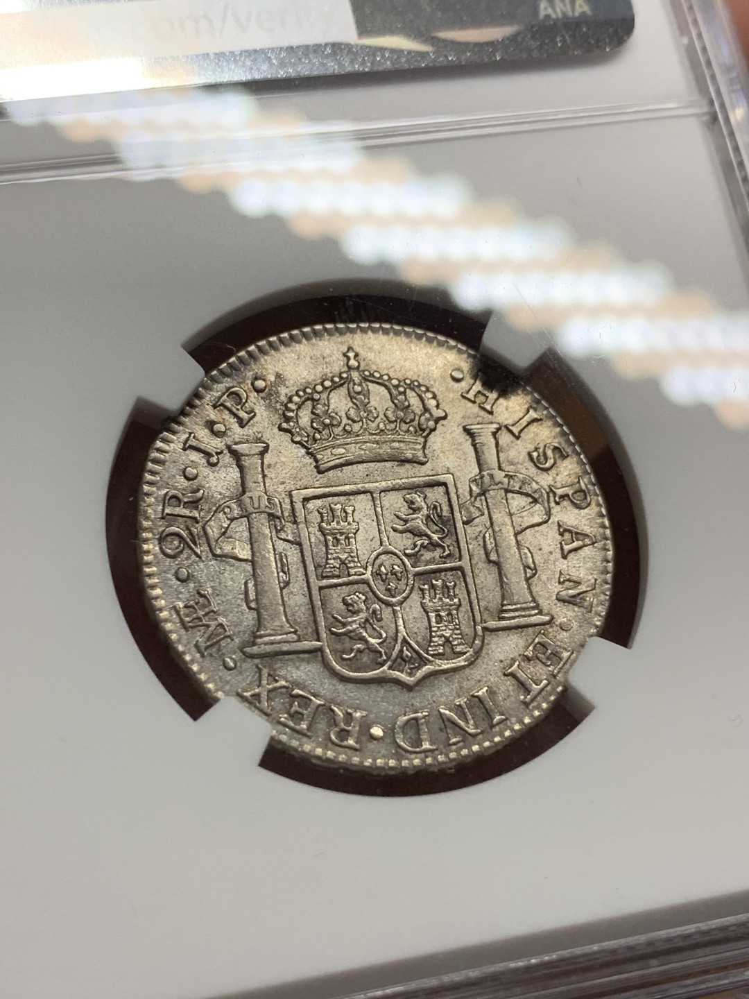 《竞宝斋》第106场-周日，周一 2场连拍（全场包邮） NGC AU55 西属秘鲁1817年费迪南七世2瑞尔银币，少见