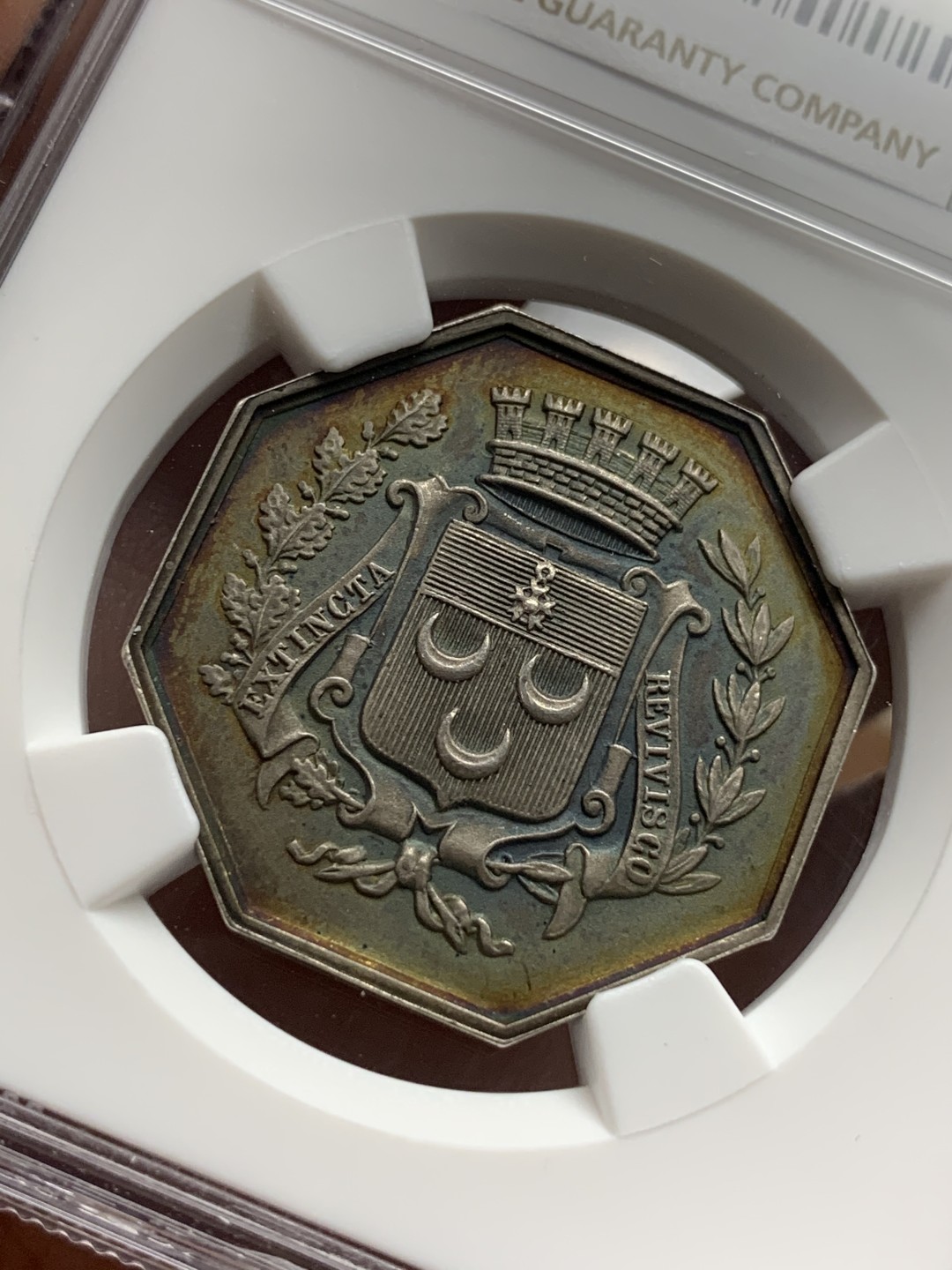 《竞宝斋》第106场-周日，周一 2场连拍（全场包邮） NGC MS63 19世纪法国查特顿公证处八角银章代用币 品相状态一流 包浆五彩 温润