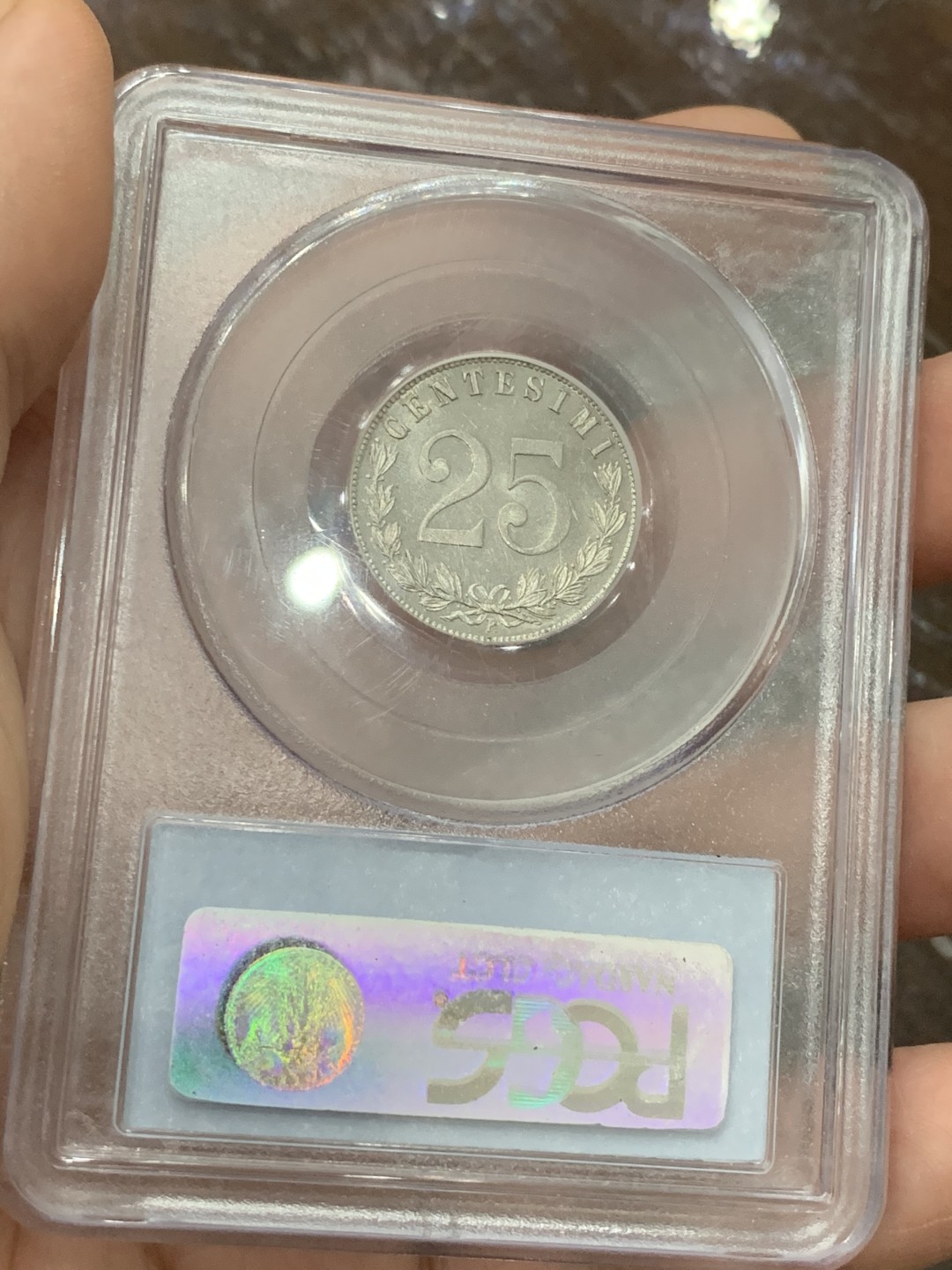 《竞宝斋》第106场-周日，周一 2场连拍（全场包邮） PCGS MS63 意大利王国 1902年 25分 镍币 老盒严评 稀少