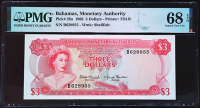 《家喻户晓》世界靓号纸钞第三期 - 巴哈马女王 B冠3元 无47靓号 PMG68 冠军分很稀少