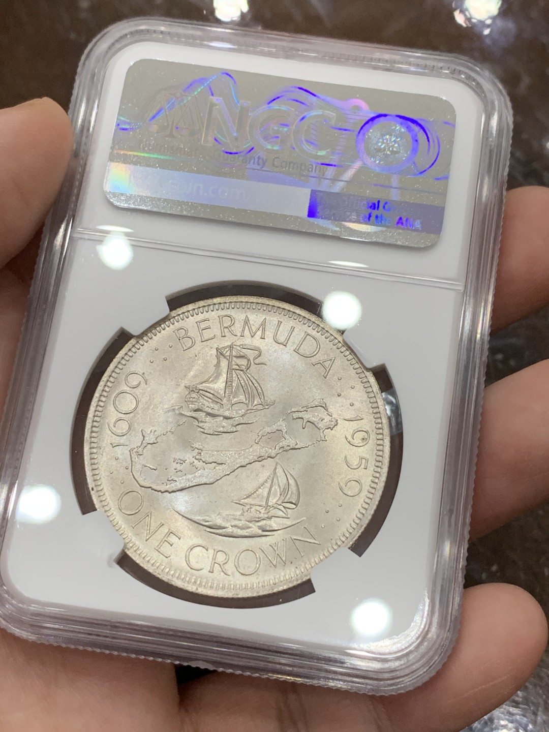 《竞宝斋》第106场-周日，周一 2场连拍（全场包邮） NGC-MS67 百慕大1959年 殖民地纪念 1克朗大银币 顶级品相 变态高分