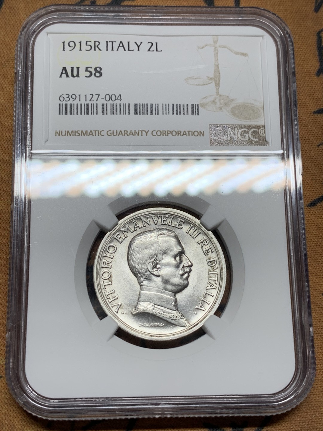 《竞宝斋》第106场-周日，周一 2场连拍（全场包邮） NGC AU58 意大利 1915年 马车2里拉银币 细节味道都不错