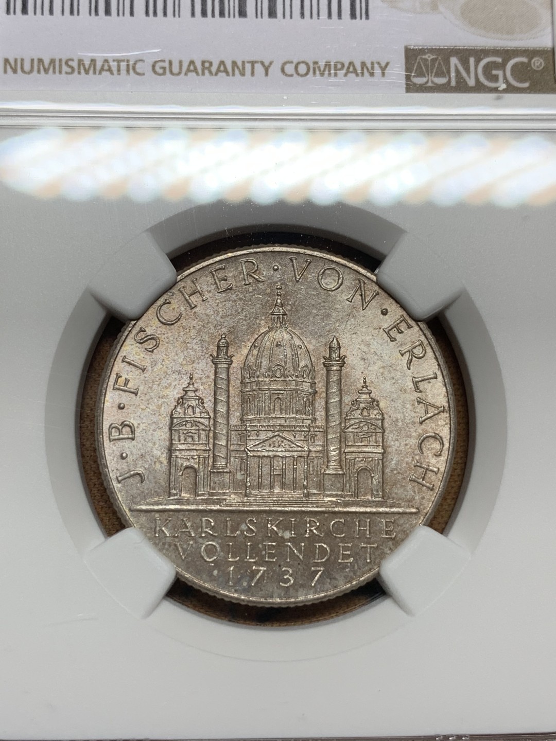 《竞宝斋》第106场-周日，周一 2场连拍（全场包邮） NGC-MS63 奥地利1937年 圣夏勒堂 早期2先令银币 原光好品