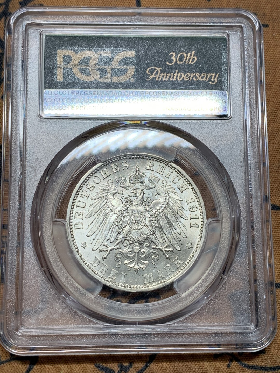 《竞宝斋》第106场-周日，周一 2场连拍（全场包邮） PCGS-MS63 德国1911年普鲁士3马克 银币，原卷光，PCGS 35周年盒子