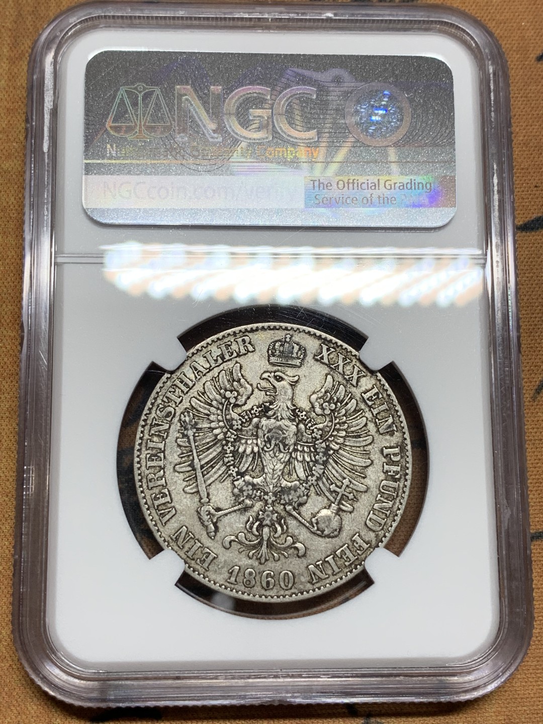 《竞宝斋》第106场-周日，周一 2场连拍（全场包邮） NGC-AU50 德国普鲁士 1860年 洋葱头1泰勒大银币 原味好品