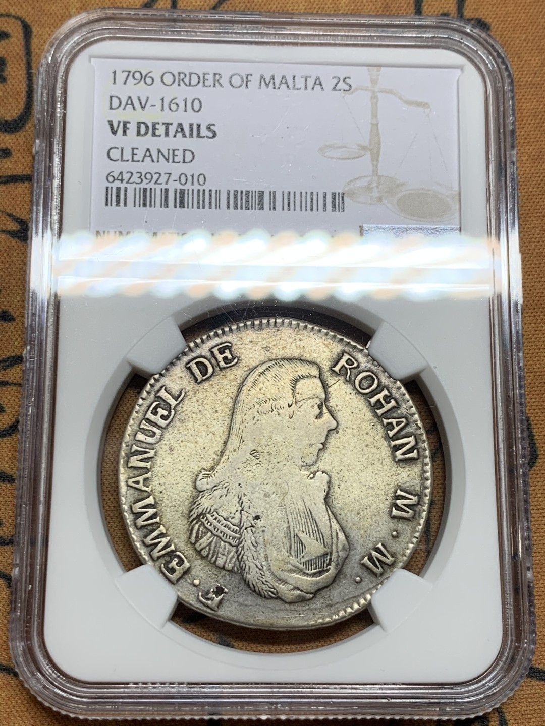《竞宝斋》第106场-周日，周一 2场连拍（全场包邮） NGC-VF 马耳他骑士团1796年 伊曼纽尔.罗汉 2Scudi银币 非常少见的品种