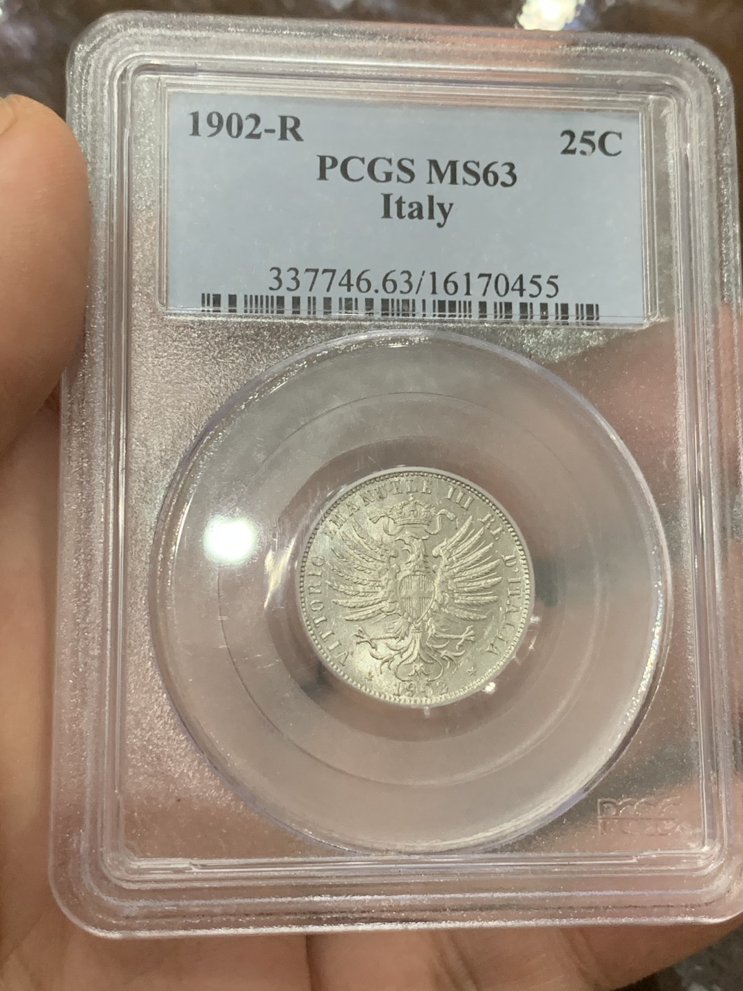 《竞宝斋》第106场-周日，周一 2场连拍（全场包邮） PCGS MS63 意大利王国 1902年 25分 镍币 老盒严评 稀少