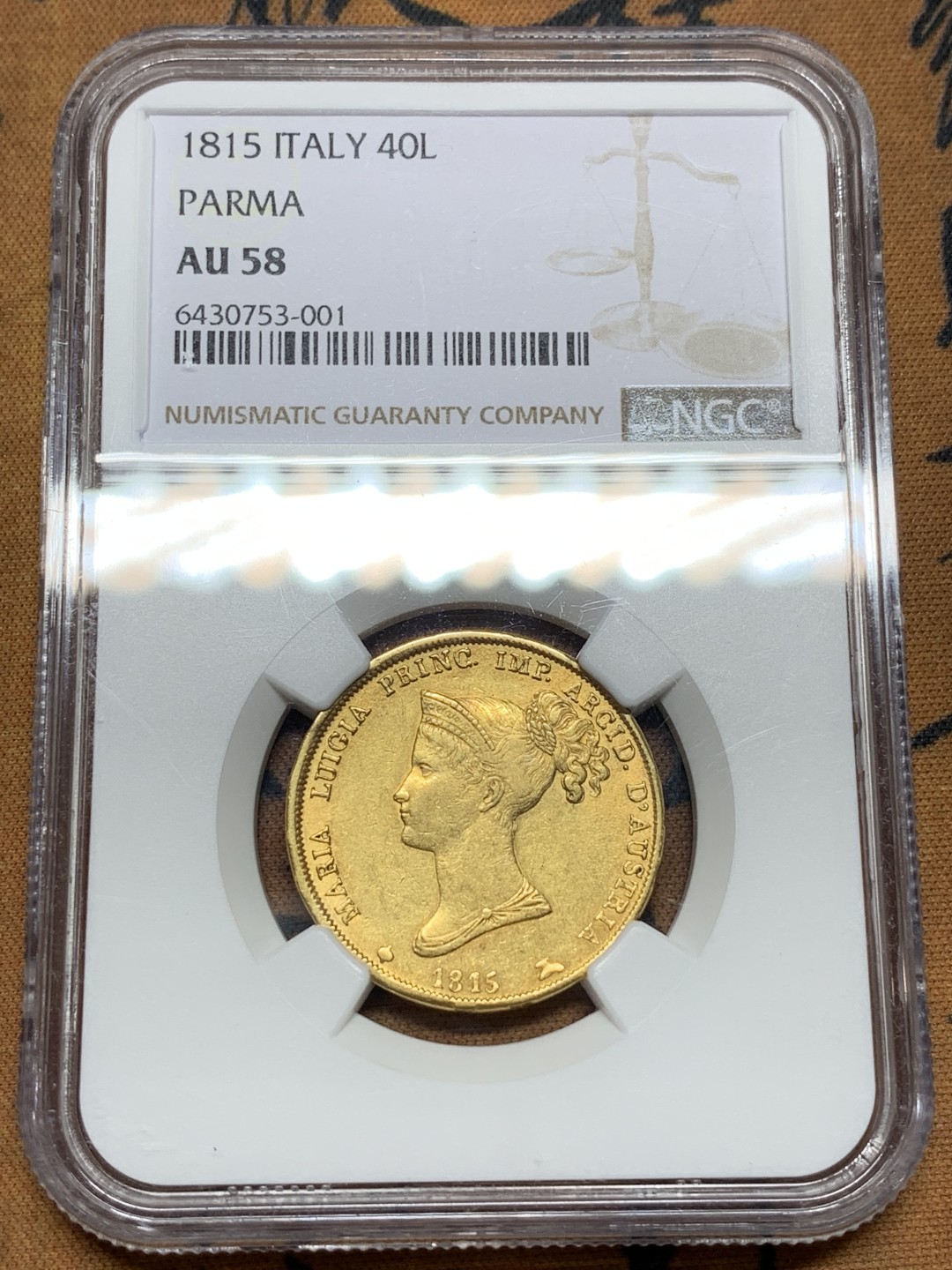 《竞宝斋》第106场-周日，周一 2场连拍（全场包邮） NGC-AU58 1815年意大利帕尔马40里拉金币 12.9克 拿皇的第二任妻子头像的金币，克书价极高，HA上MS的2万多不含佣金，AU58性价比高