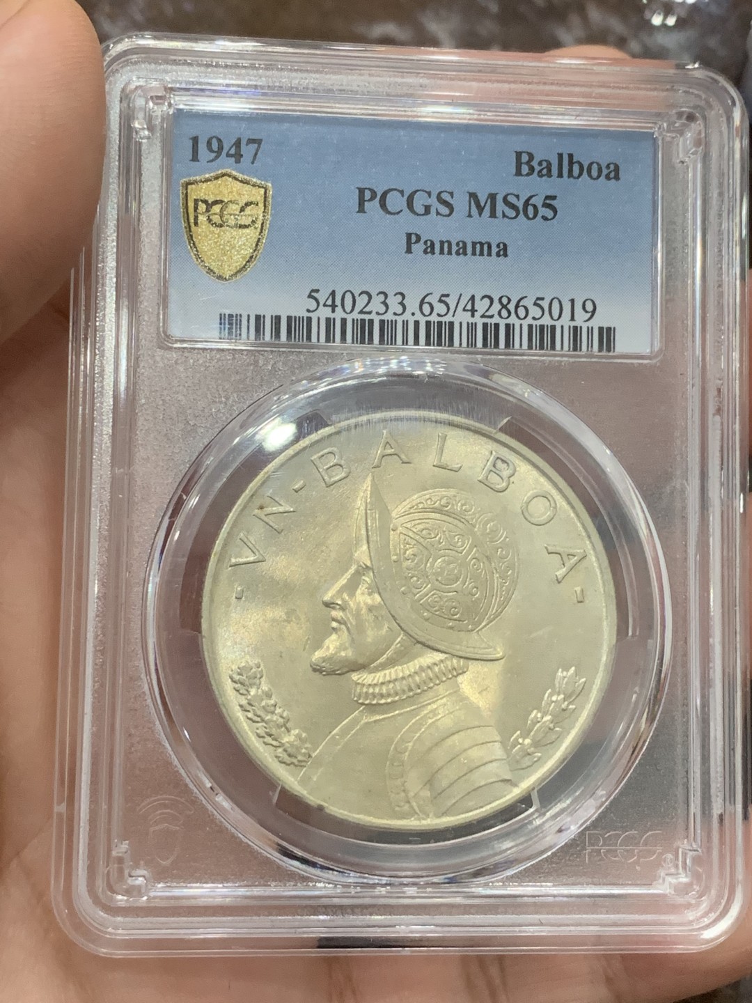 《竞宝斋》第106场-周日，周一 2场连拍（全场包邮） PCGS-MS65 巴拿马 1947年 1巴波亚武士、胜利女神银币 镜面地板 状态极好