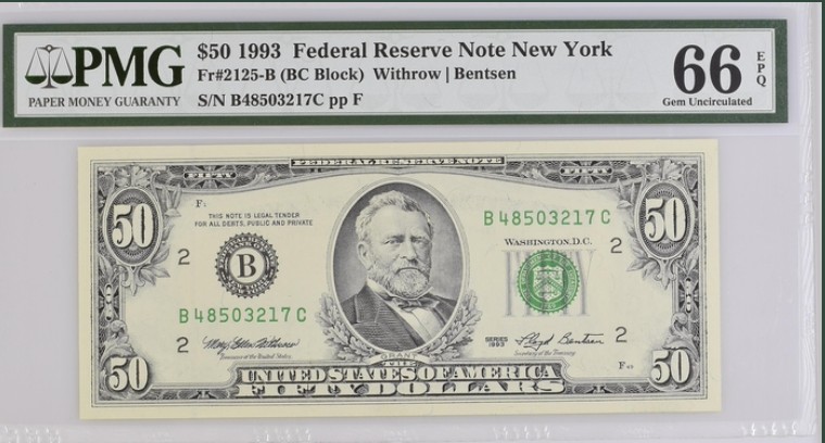 收藏联盟Quantum Auction 第199期拍卖  美国联邦储备券1993年50元 PMG66 