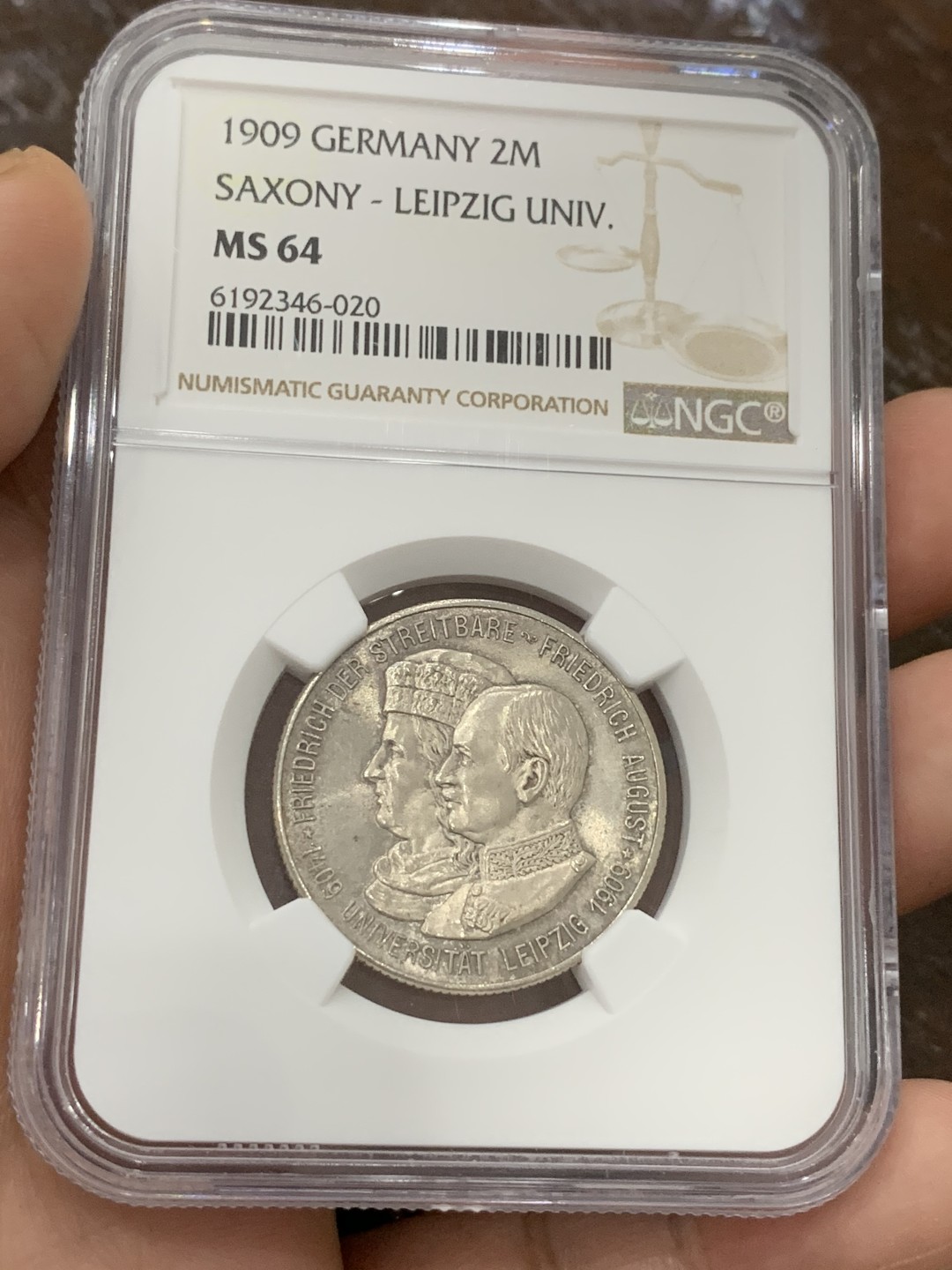 《竞宝斋》第106场-周日，周一 2场连拍（全场包邮） NGC-MS64 德国1909年 萨克森莱 比锡大学 2马克 银币