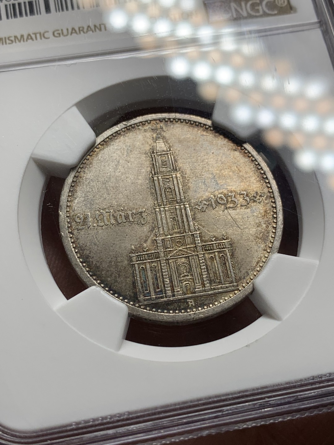 《竞宝斋》第106场-周日，周一 2场连拍（全场包邮） NGC-MS62 1934年加字教堂5马克 纪念小胡子上台一周年 该品种传世好味道难得