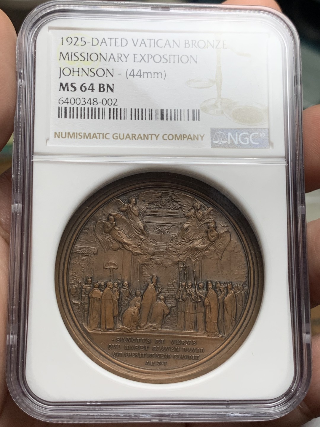 《竞宝斋》第106场-周日，周一 2场连拍（全场包邮） NGC MS64 梵蒂冈 1925年教皇博览会高浮雕铜章 浮雕工艺与精美程度 超乎想象 加厚盒装不可错过