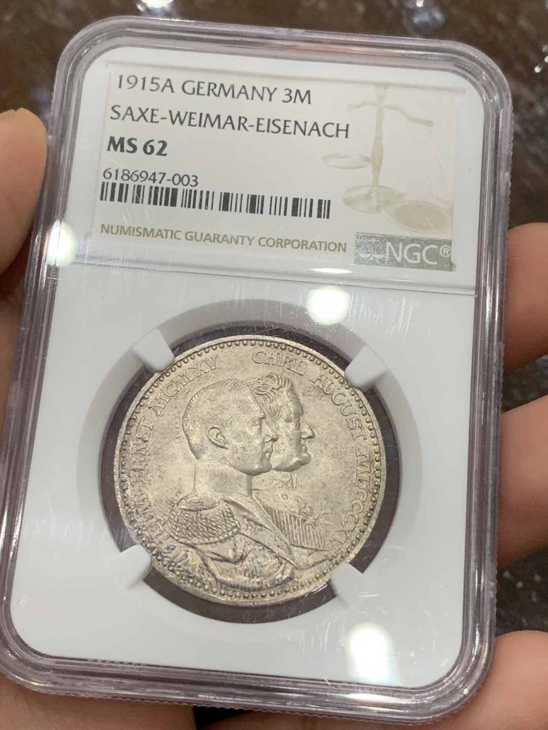 《竞宝斋》第106场-周日，周一 2场连拍（全场包邮） NGC  MS62 德国 1915年 萨克森-魏玛-爱森纳赫 3马克银币 少见品种