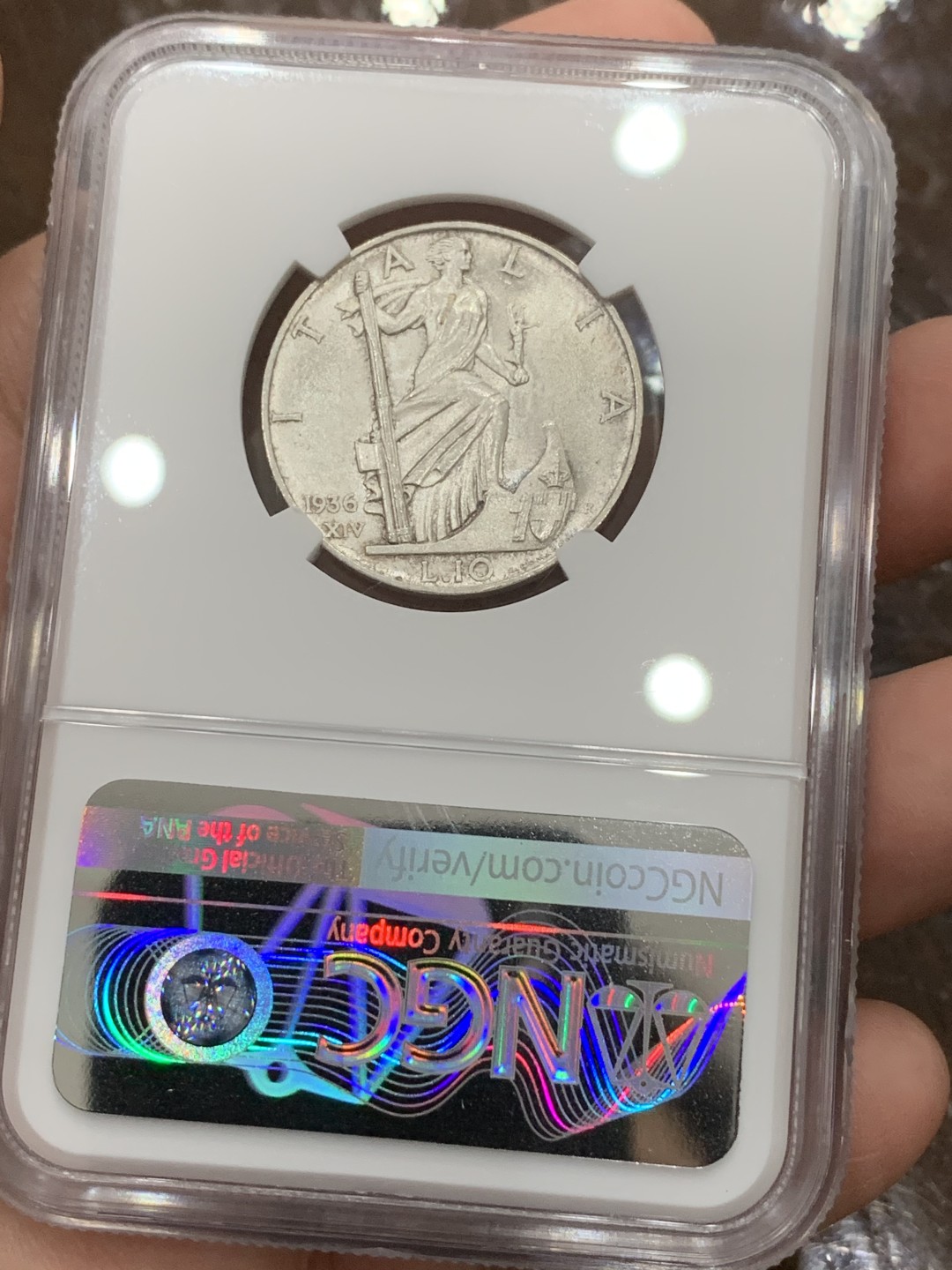 《竞宝斋》第106场-周日，周一 2场连拍（全场包邮） NGC-MS64 意大利1936年 艾曼纽尔三世 10里拉银币 少见品种 高分