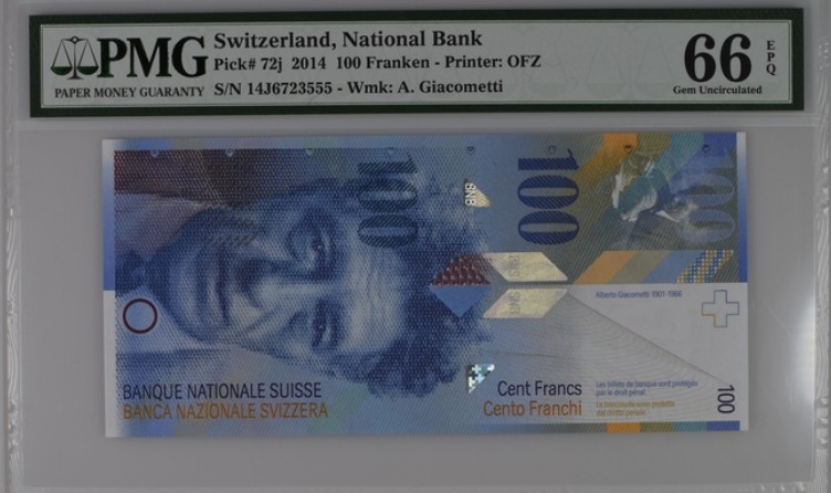 收藏联盟Quantum Auction 第199期拍卖  瑞士2014年100法郎 PMG66 豹子号555 获奖作品