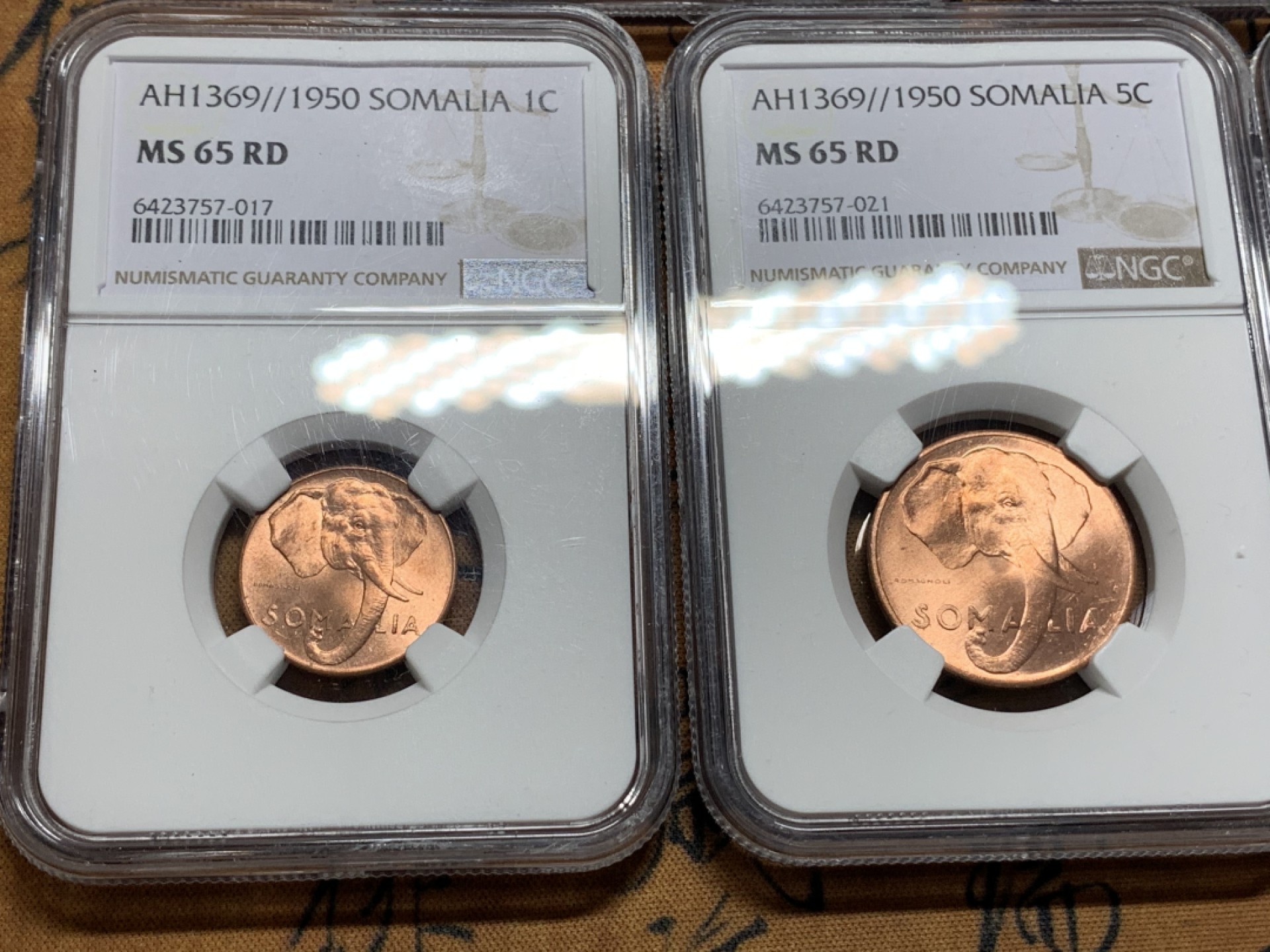 《竞宝斋》第106场-周日，周一 2场连拍（全场包邮） NGC MS65  意托索马里1950 顶级全套币 （含两枚银币）