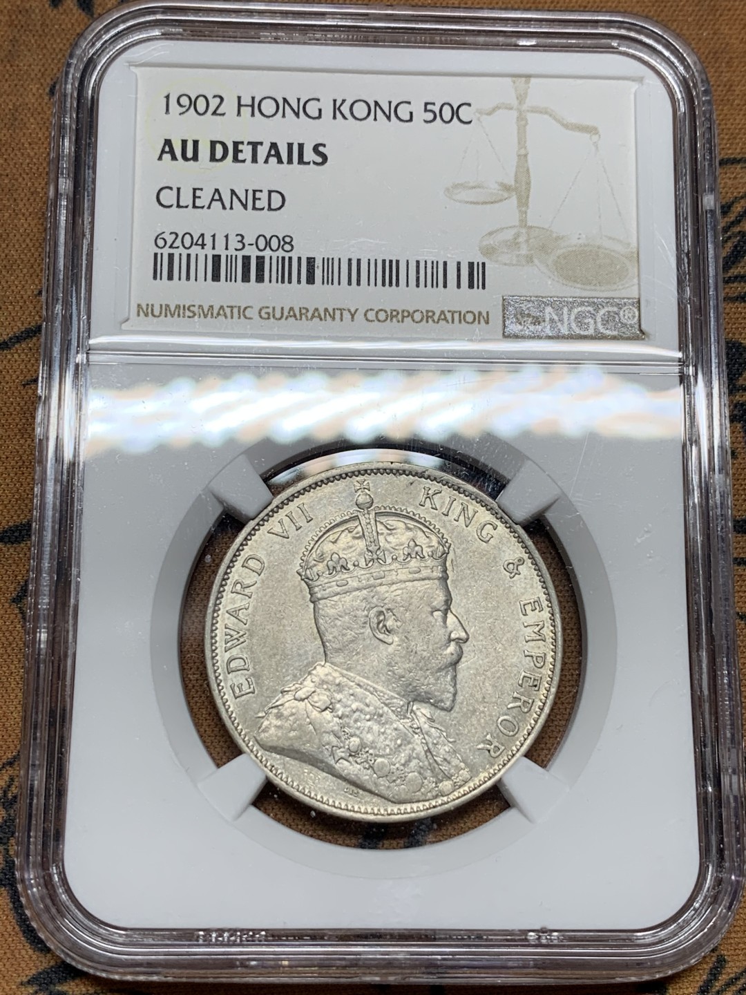 《竞宝斋》第106场-周日，周一 2场连拍（全场包邮） NGC-AUD 香港 爱七 1902年 半圆 银币 光度好 状态佳