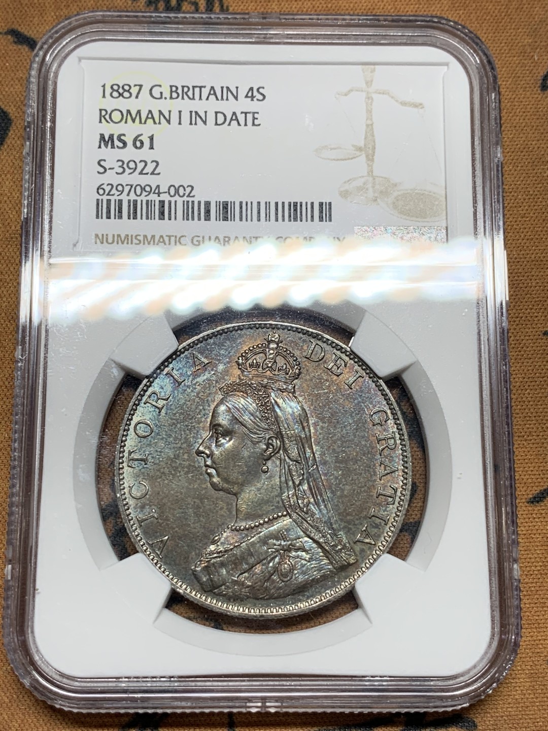 《竞宝斋》第106场-周日，周一 2场连拍（全场包邮） NGC MS61 英国1887年维多利亚高冠4先令双弗洛林银币原光五彩，罗马体