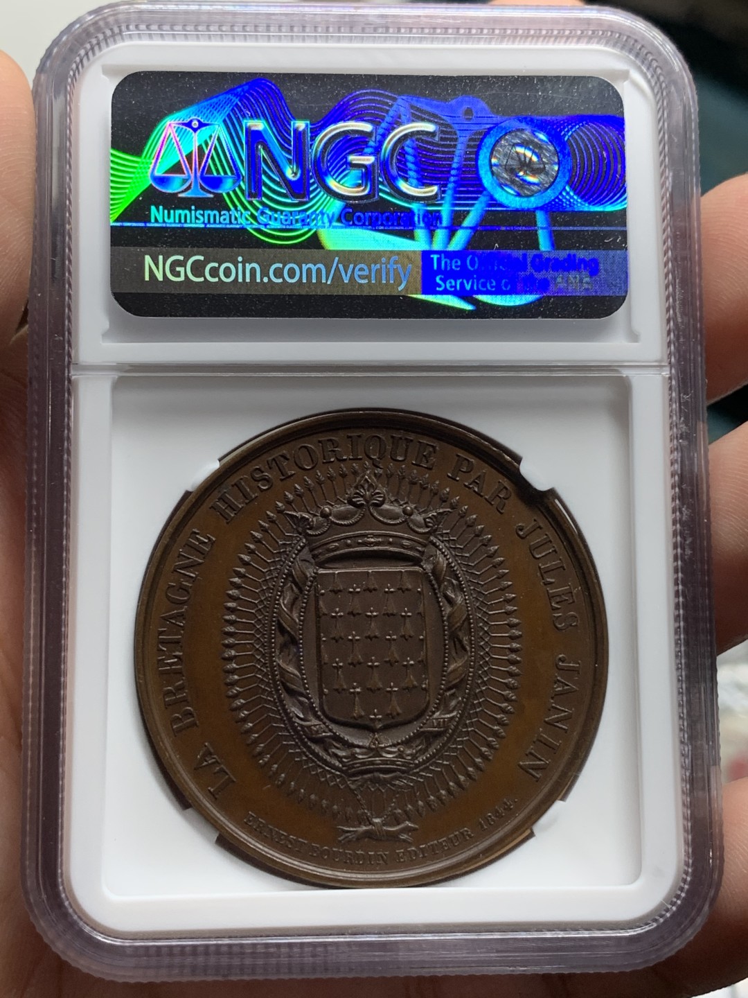 《竞宝斋》第106场-周日，周一 2场连拍（全场包邮） NGC MS64 加厚盒1844法国作家外交家夏多布里昂纪念铜章 巧克力色高浮雕