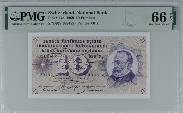收藏联盟Quantum Auction 第199期拍卖  瑞士1969年10法郎 PMG66