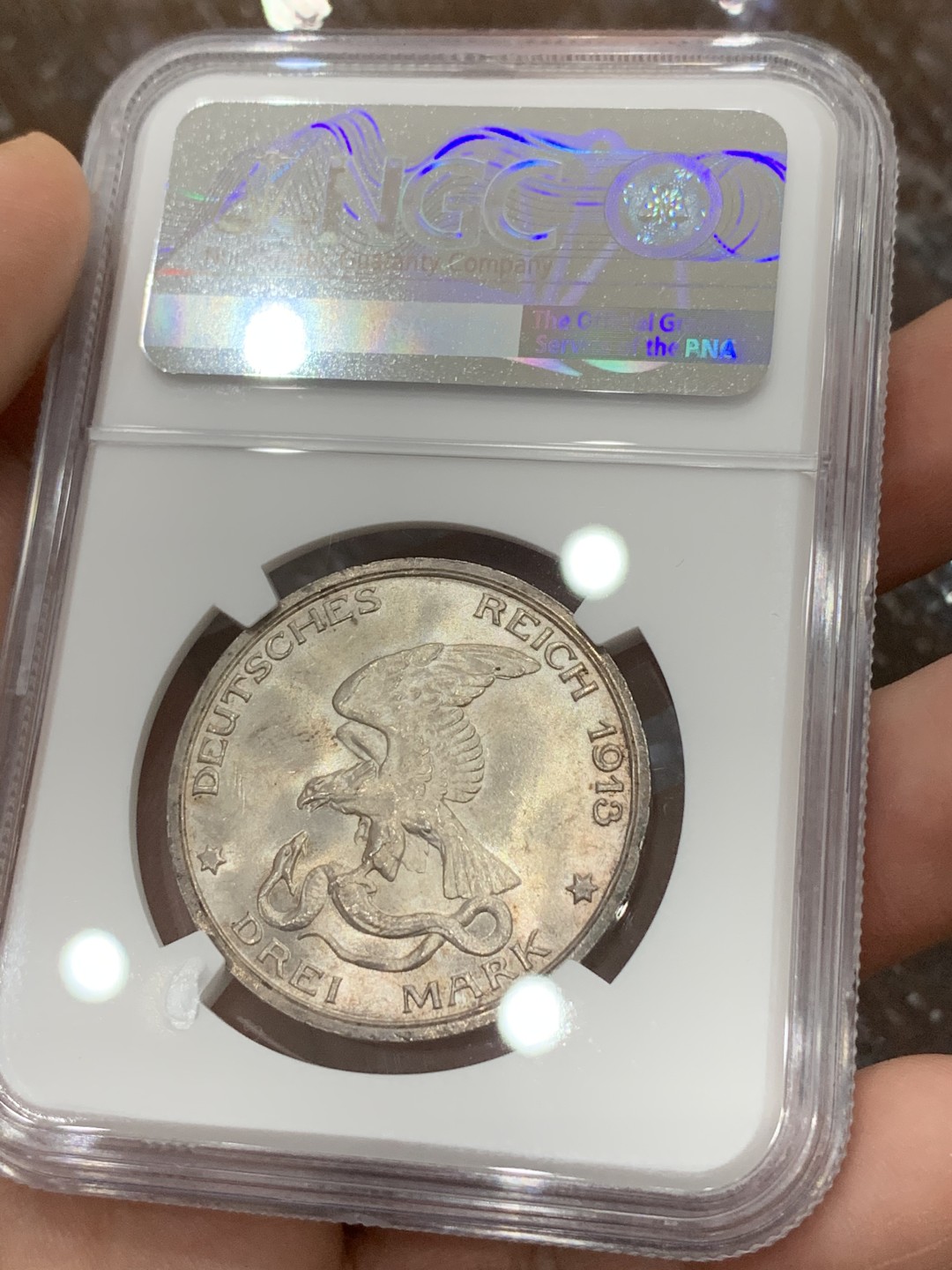 《竞宝斋》第106场-周日，周一 2场连拍（全场包邮） NGC-MS64 德国普鲁士1913年 普法战争3马克银币 原光带彩