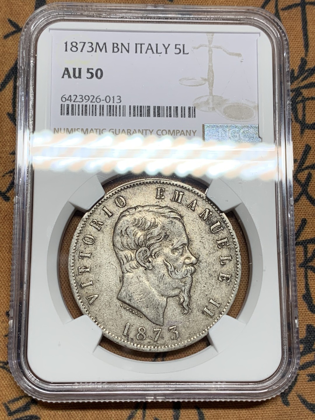 《竞宝斋》第106场-周日，周一 2场连拍（全场包邮） NGC-AU50 意大利1873年 艾曼纽尔二世 5里拉大银币 原味好品