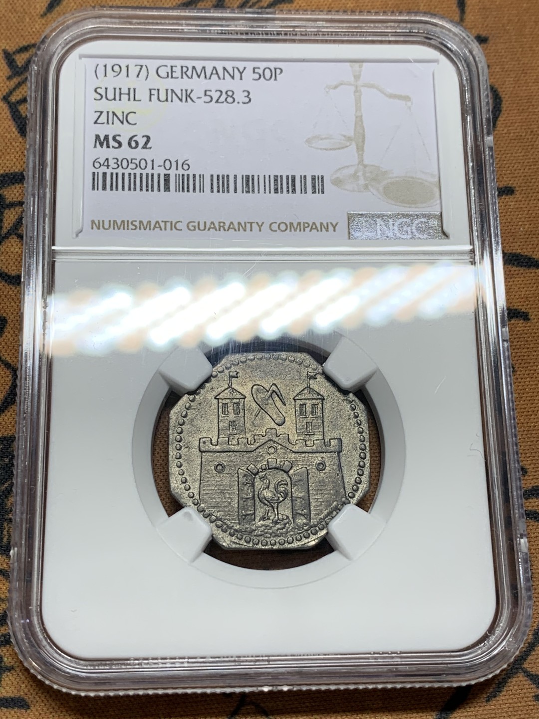 《竞宝斋》第106场-周日，周一 2场连拍（全场包邮） NGC MS62 德国 德紧 1917年 苏尔50芬妮 锌币