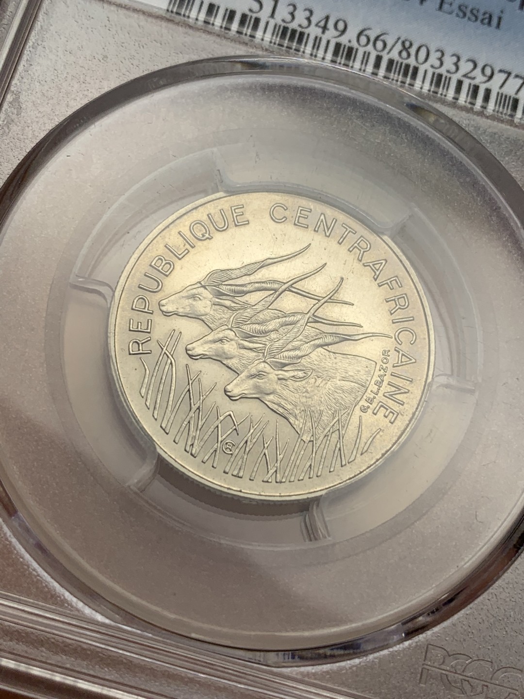 《竞宝斋》第106场-周日，周一 2场连拍（全场包邮） PCGS-SP66 中非共和国1975年 100法郎样币 羚羊图案栩栩如生 样币高水平铸造凝霜镜面