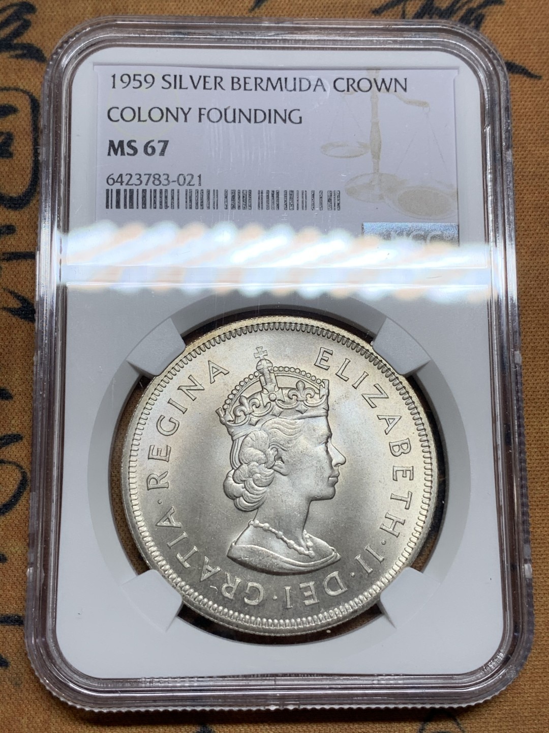 《竞宝斋》第106场-周日，周一 2场连拍（全场包邮） NGC-MS67 百慕大1959年 殖民地纪念 1克朗大银币 顶级品相 变态高分