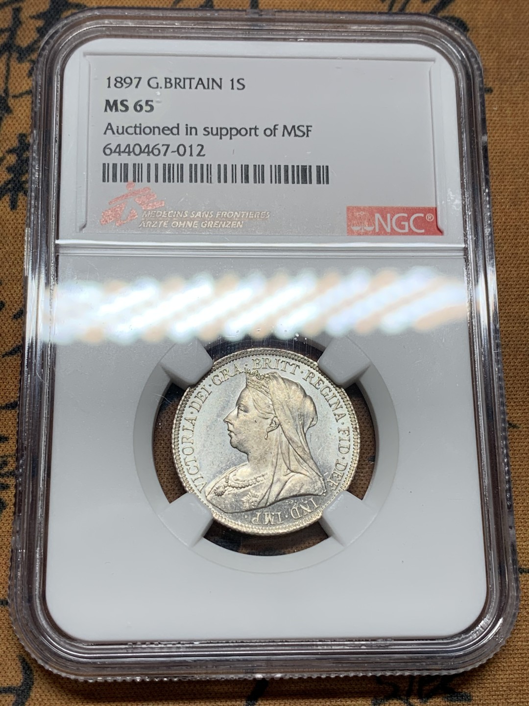 《竞宝斋》第106场-周日，周一 2场连拍（全场包邮） NGC-MS65，1897年英国维多利亚披纱1先令，MSF特拍特殊标签，完美转光，可收藏