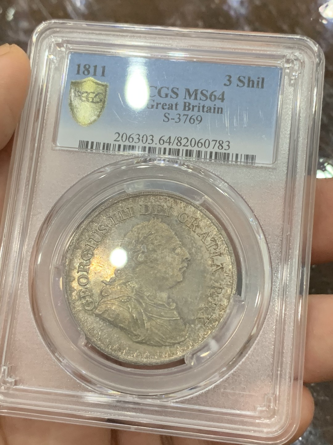 《竞宝斋》第106场-周日，周一 2场连拍（全场包邮） PCGS MS64 英格兰银行 1811年 双面深五彩 乔三大头 3先令银币 极少品种 书价高 高分难得